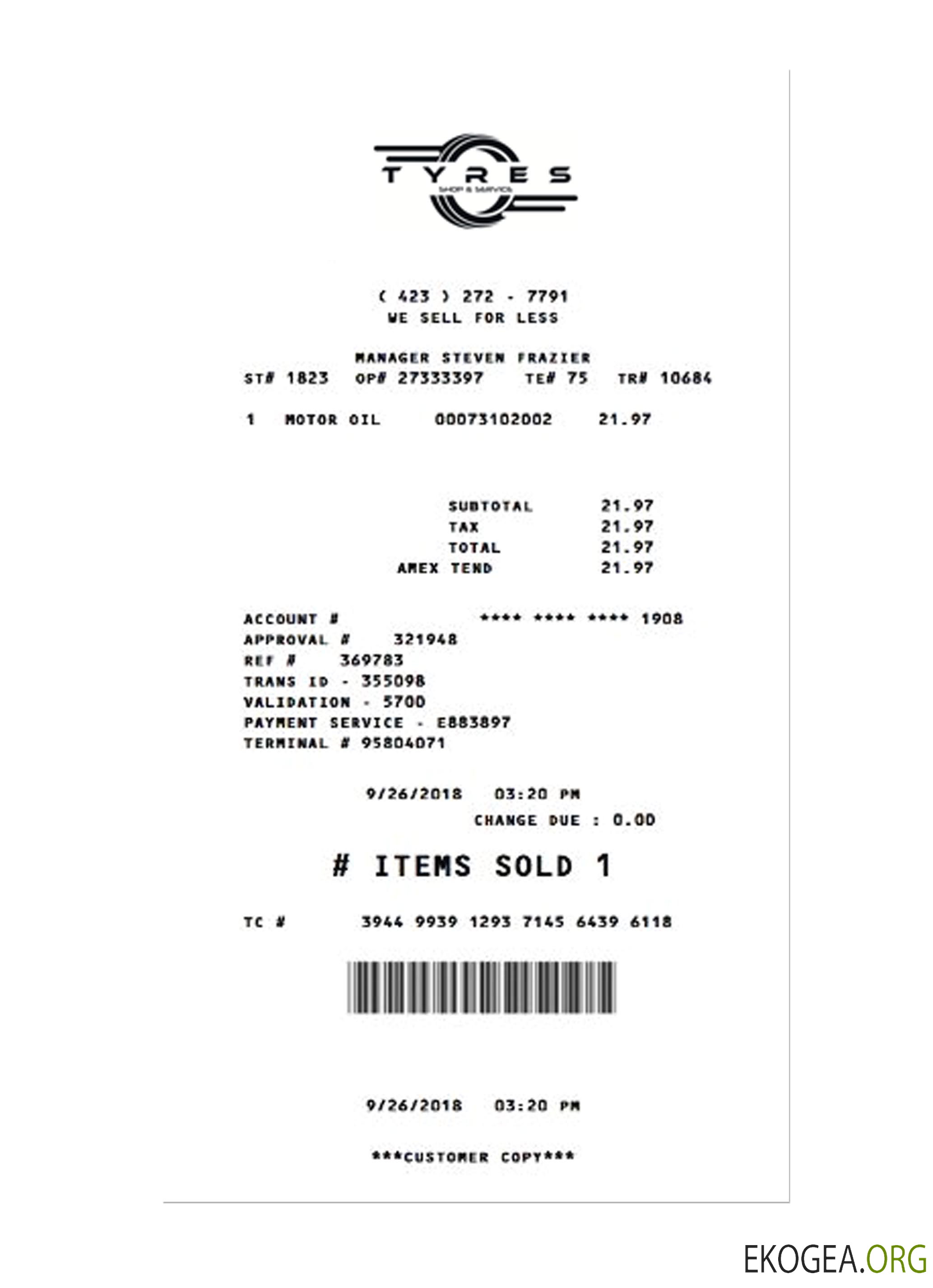 Reçu de paiement TYRES SHOP